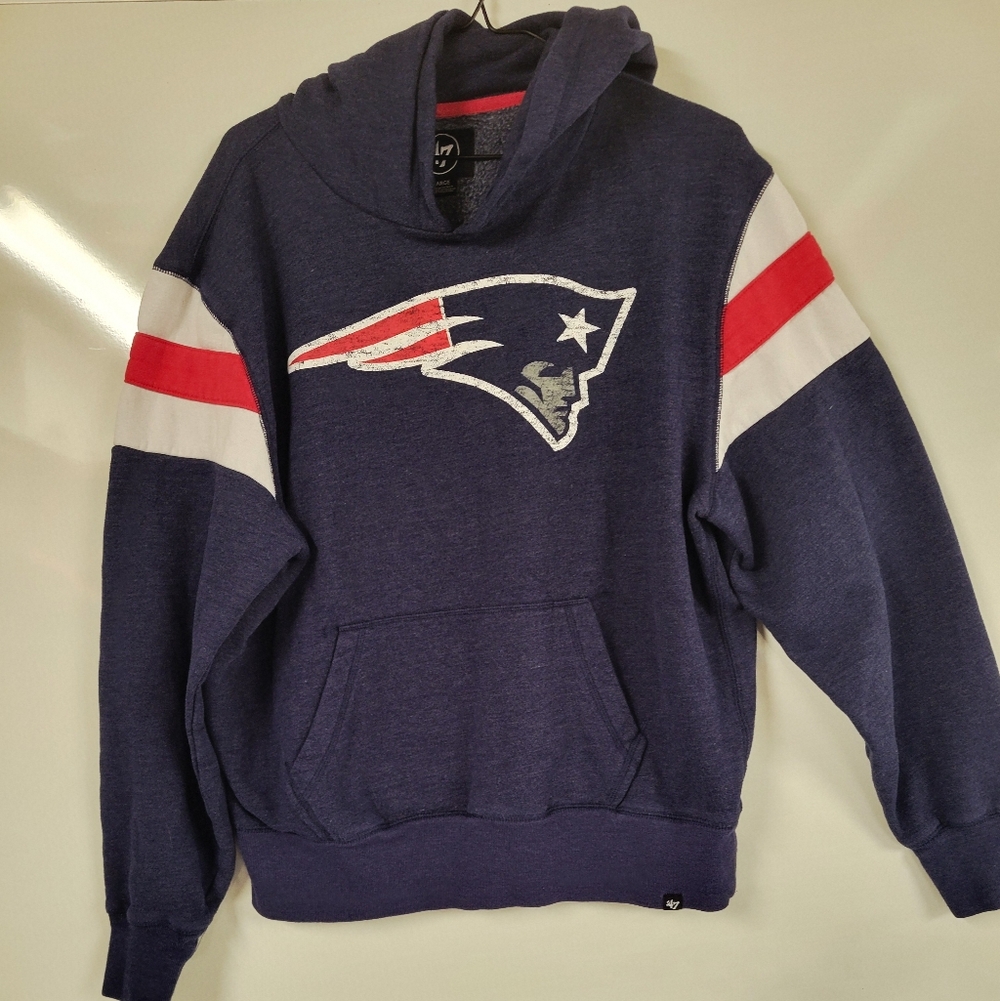 New England Patriots NFL Navy Blue Hoodie, 47 Brand Retro Style Logo, Large